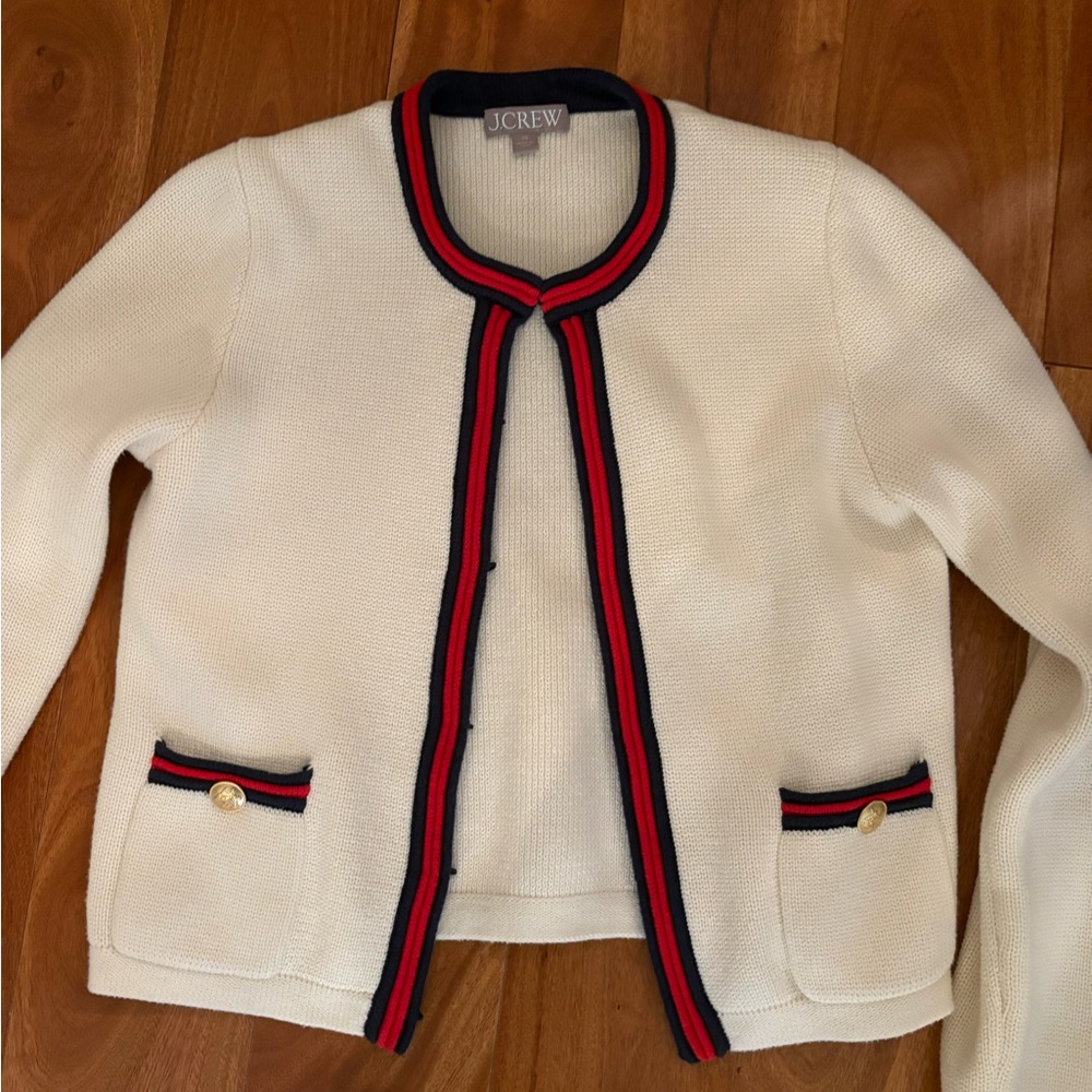 J. Crew Women's Cream Jacket with Blue and Red Trim